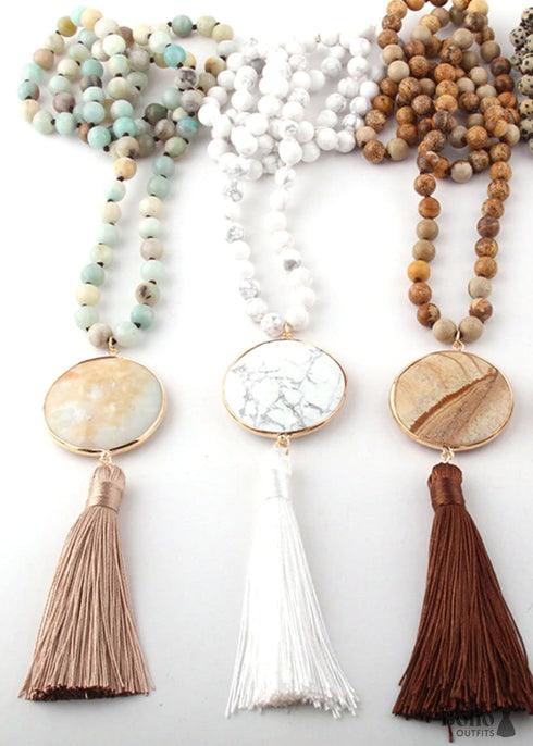Boho Necklace, RH Amazonite Jasper, Circle Tassel Green White Natural Stone